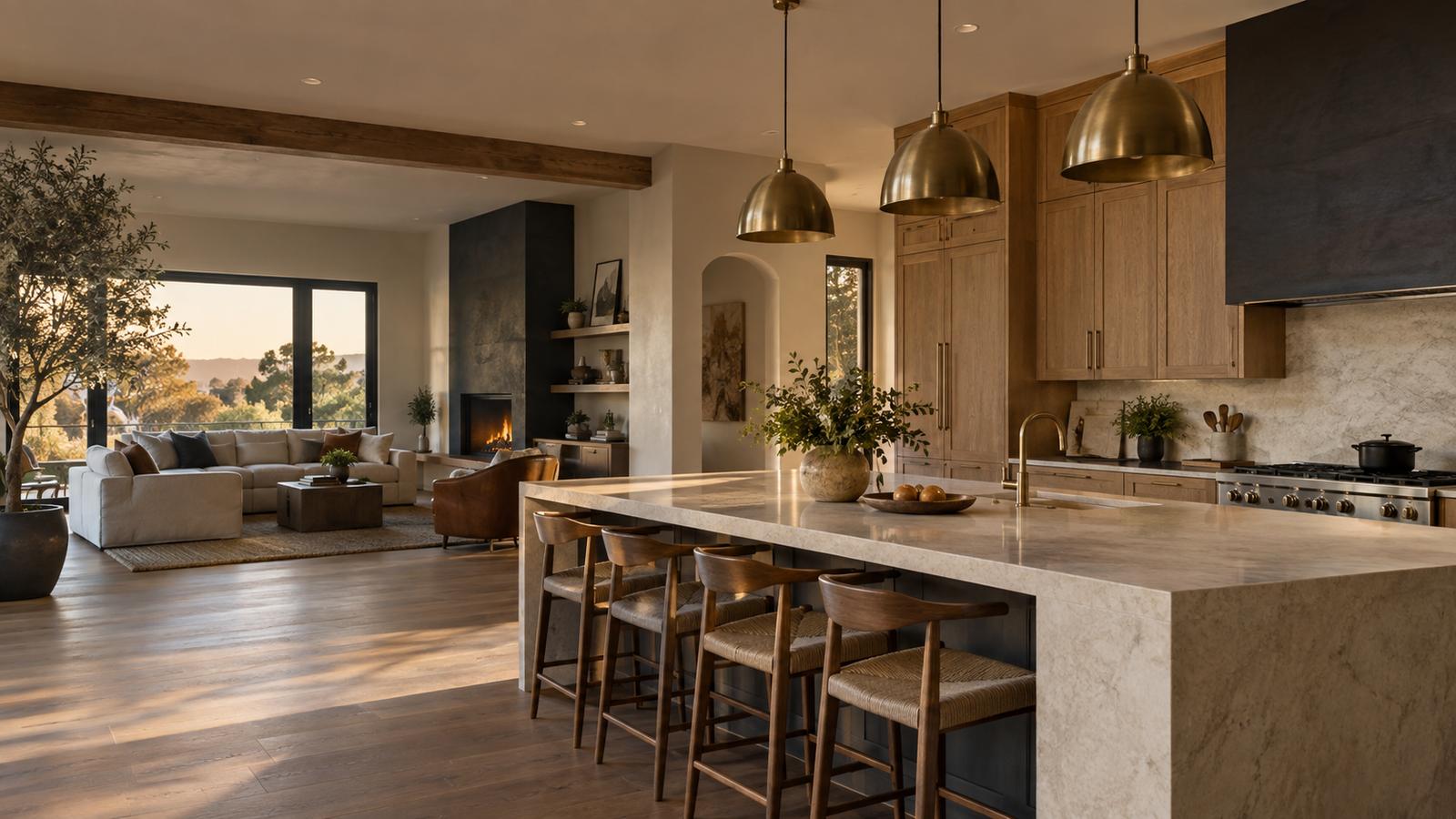 Illustrative concept of a remodeled kitchen and living space
